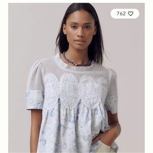 Anthropologie White and Blue Floral Lace Blouse